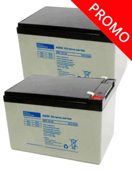 Deux batteries AGM CPX 15Ah de Cellpower pour scooter électrique PMR senior, loisir, golf, handicapé ou mobilité réduite