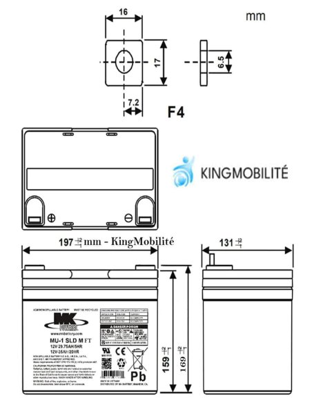 Dimensions de la Batterie AGM MU-1 SLD M (35Ah) de MK pour scooter électrique de mobilité réduite et senior