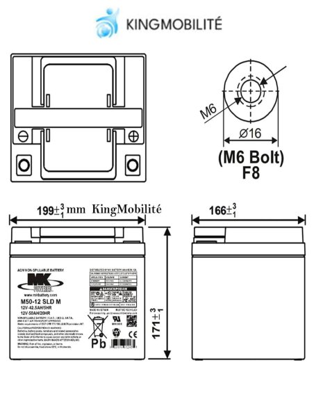 Dimensions de la batterie AGM M50-12 SLD (50 Ah) de MK pour scooter électrique handicapée et de mobilité réduite
