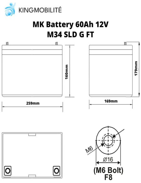 Dimensions de la batterie M34 SLD GEL (60 Ah) de MK pour Scooter électrique handicapée et de mobilité réduite