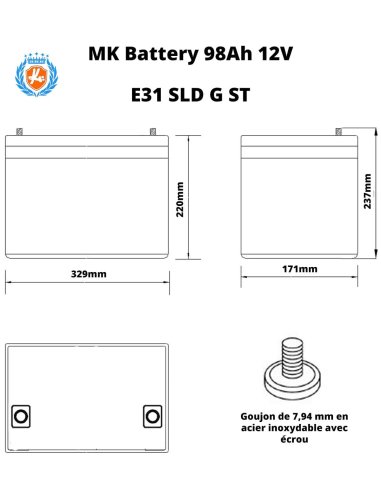 Dimensions de la batterie GEL E31 SLD G ST (98 Ah) de MK pour scooter électrique handicapée et de mobilité réduite