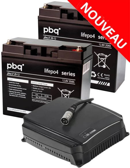 Lot de deux batteries pbq LF LiFePO4 20 Ah et chargeur 6 amp. pour scooter électrique senior PMR, handicapé ou personne âgée