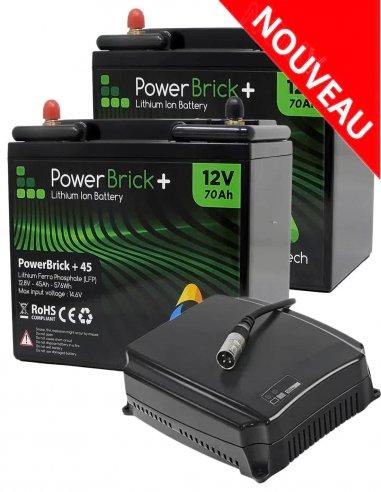 Pack de deux batteries LiFePO4 70 Ah et chargeur 10 ampères pour scooter PMR senior handicapé ou personne âgée