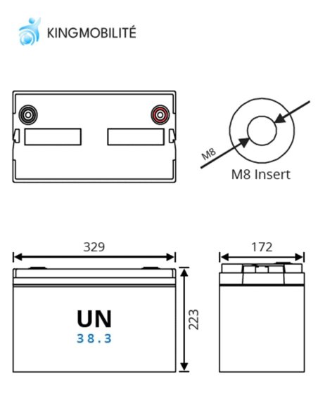 Dimension de batterie Intercel pbq LF 100 Ah pour scooter de mobilité réduite senior et handicapé