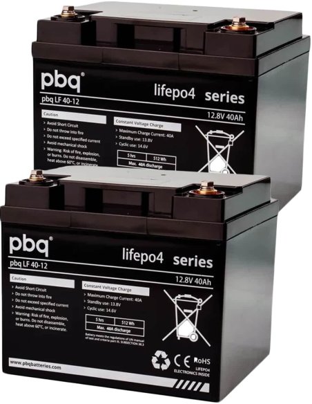 Pack de deux batteries pbq LF LiFePO4 40 Ah et chargeur 8 amp. pour scooter électrique PMR senior, handicapé ou personne âgée