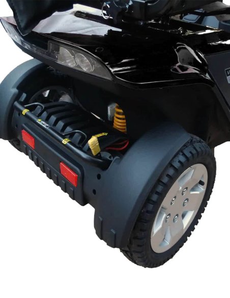 Vue de l'arrière en détail du scooter handicapé Pride XL140 et XL 140S en noir