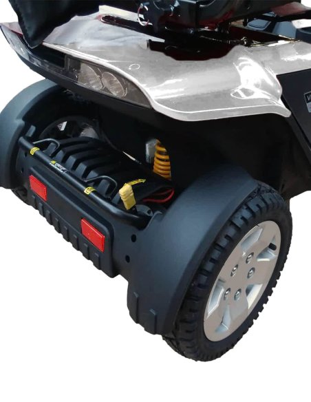 Vue de l'arrière en détail du scooter handicapé Pride XL140  et XL 140S en argent