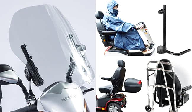 Large gamme d’accessoires pour le XL140 comme un pare-brise, un panier, un poncho ou un support de canne.